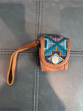 Leather Wristlet Earbuds Pouch with Woven Huipil Teal Pattern